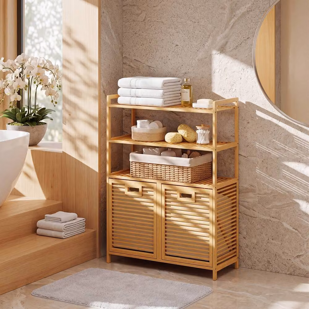Gymax Bamboo Double Tilt Out Laundry Hamper with 3 Shelves in Beige – 2