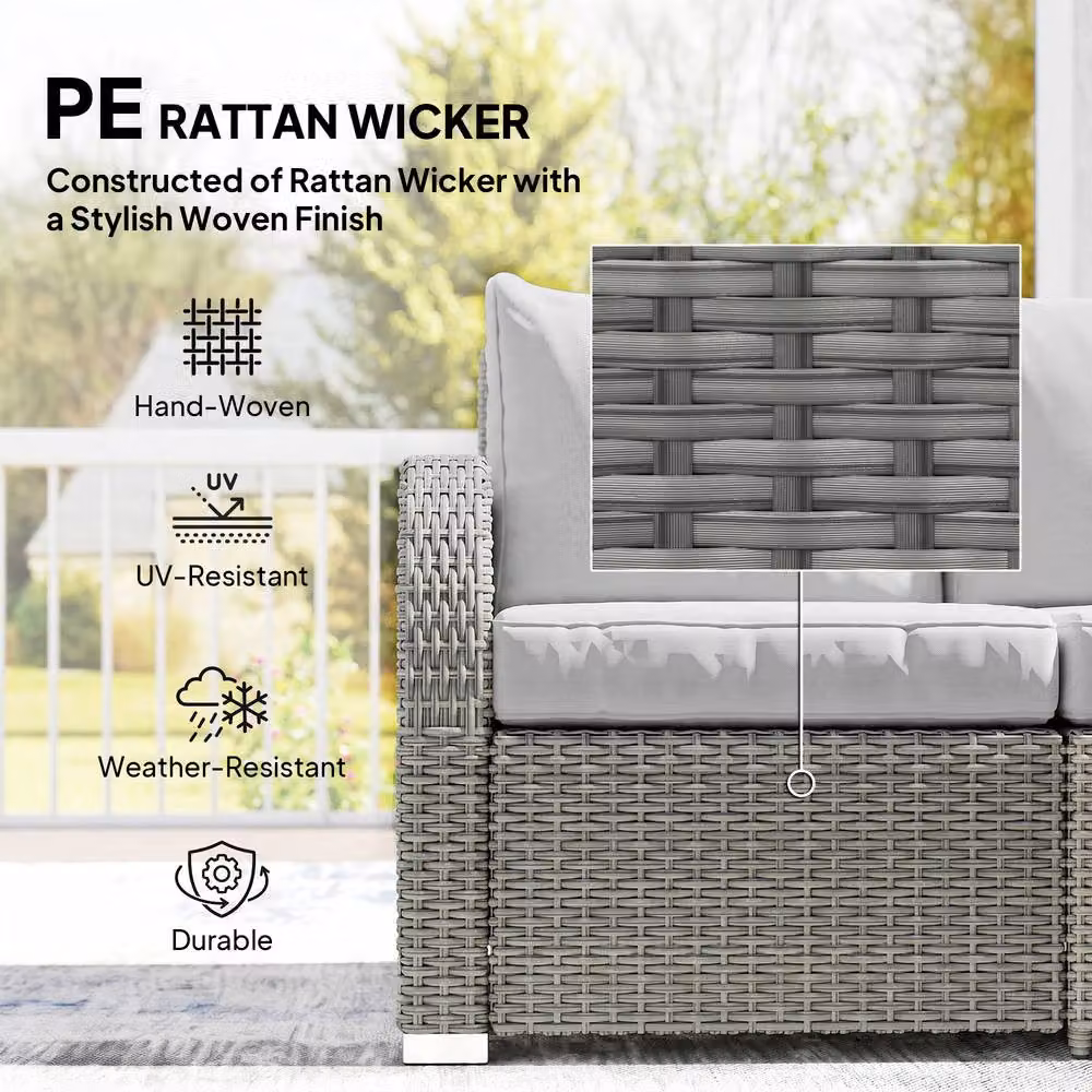 ERGOVEXA Six-piece Rattan Garden Furniture Set in Grey with Upholstered Cushions, 3-Seater Sofa, Lounge Armchair, Ottoman and Coffee Table – 4