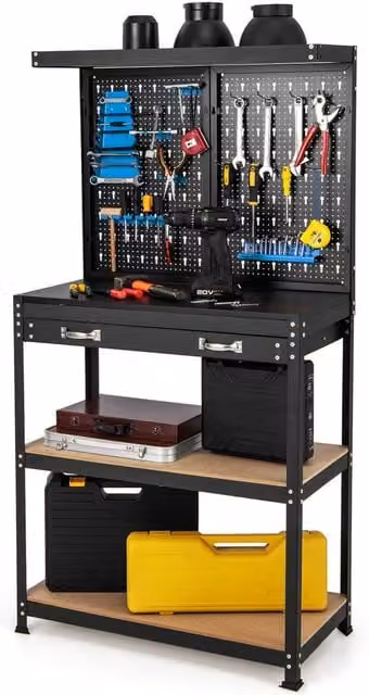 Costway Metal Tool Storage Workbench with Pegboard in Black and Multicolour, W: 156 cm, D: 120 cm, H: 41 cm – 1