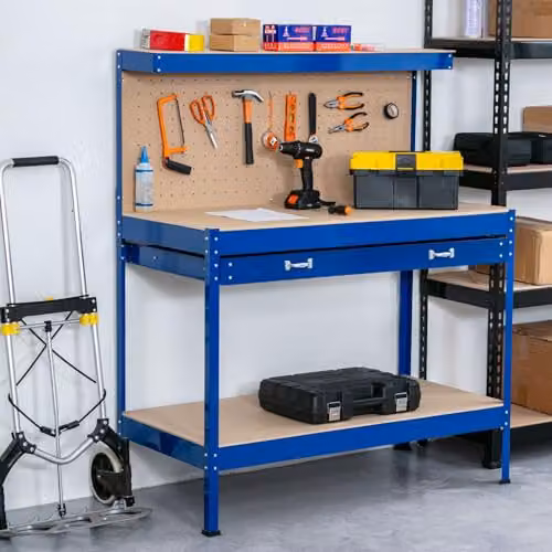 SwitZer Steel Garage Workbench with Pegboard and Drawers, Blue, W/D/H: 140 x 55 x 115 cm – 2