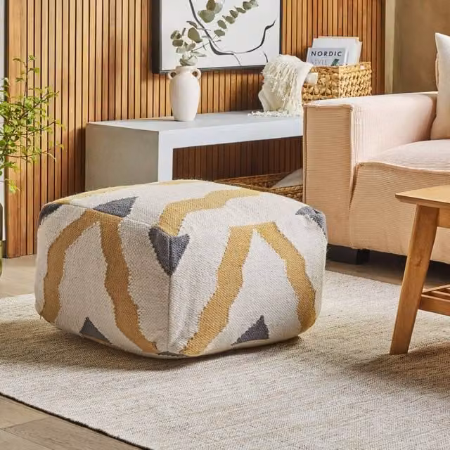 Wyld and Coco Hand-Knitted Wool Pouffe in Beige and Yellow