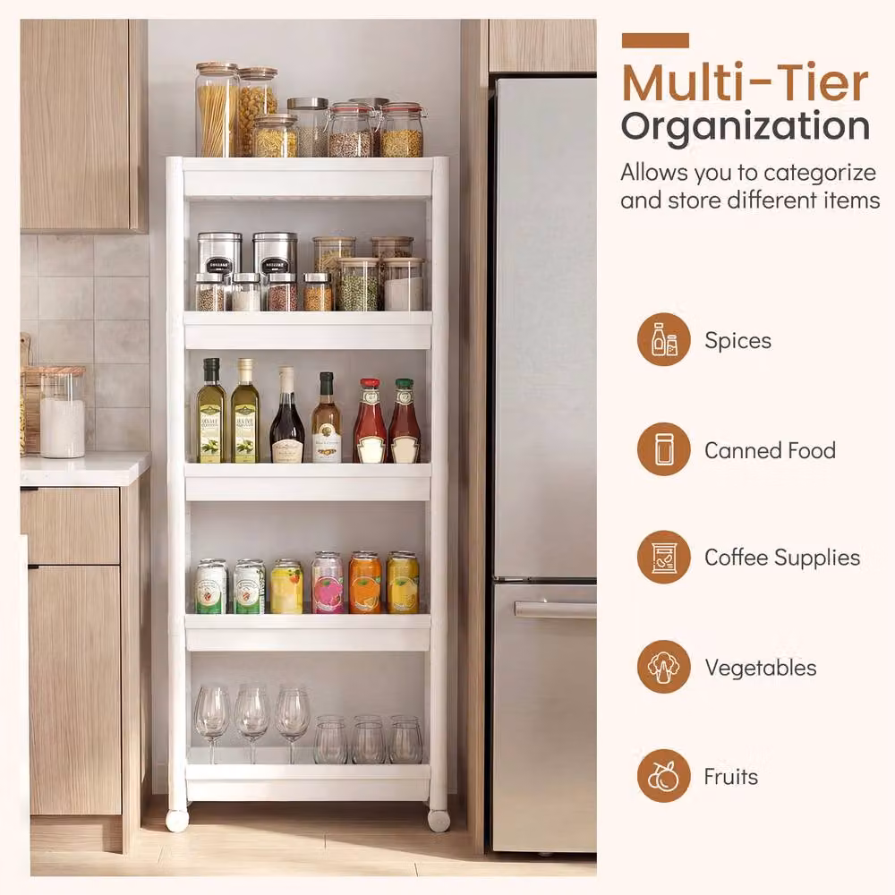 Costway 5-Tier Rolling Plastic Storage Trolley in White – 3