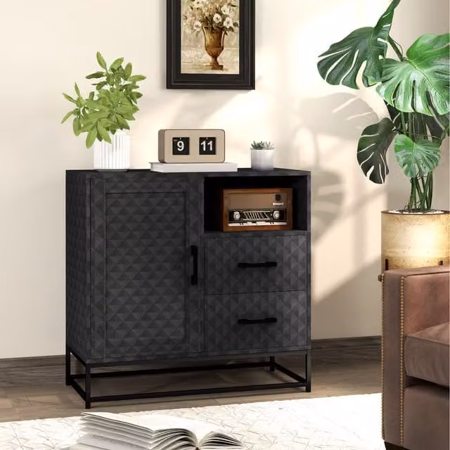 HOMCOM Modern Black Sideboard Cabinet with Adjustable Shelf and Open Compartment