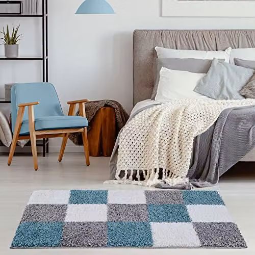 THE RUGS Modern Checked Shaggy Area Rug in Blue and Grey, W: 80 cm, L: 150 cm – 4