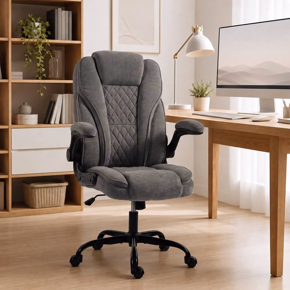 HOMCOM Grey Fabric Task Office Chair with Flip-up Armrests – 2