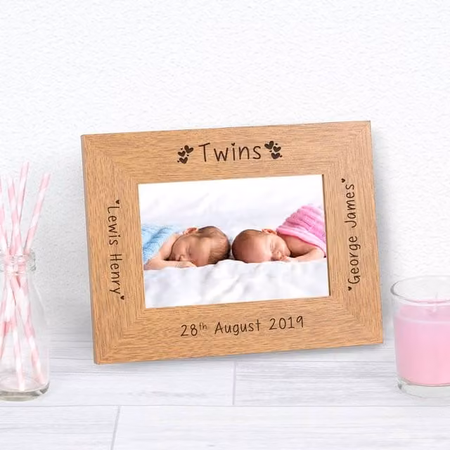 Uniqueful Personalised Twins Wood Picture Frame, Brown, W/H: 15 x 10 cm