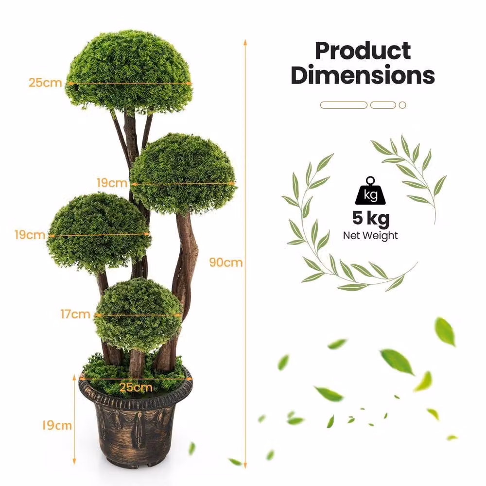 Costway Green Artificial Topiary Ball Tabletop Decor Tree with Rattan Trunk – 3