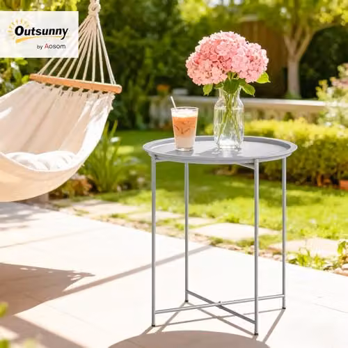 Outsunny Round Garden Side Table with Removable Tray, White and Light Grey, W/D/H: 46 x 46 x 53 cm – 2