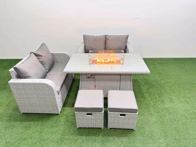 Fimous 6 Seater Rattan Garden Furniture Set with Firepit Dining Table and 2 Small Stools in Light Grey