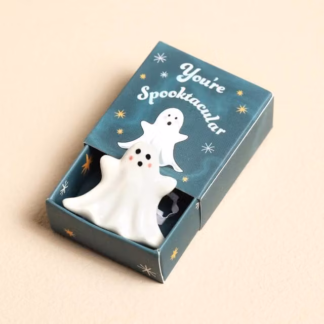 Lisa Angel White Ceramic Ghost Matchbox Token for Halloween