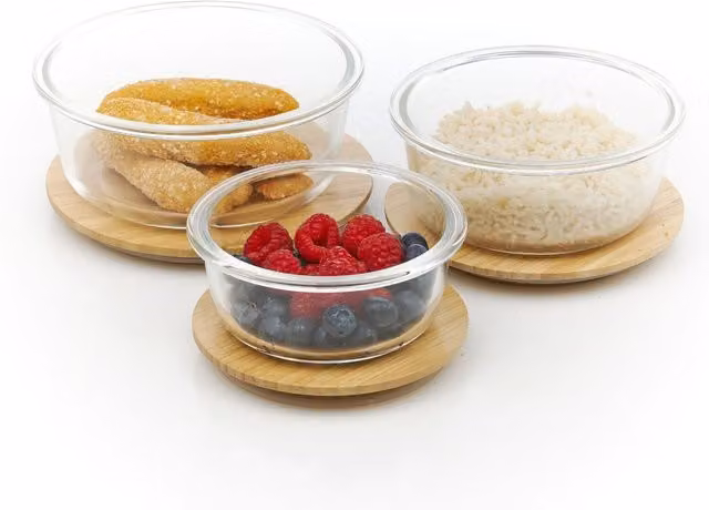 Homiu 3-Piece Round Glass Food Container Set with Airtight Leakproof Bamboo Lids, White and Transparent