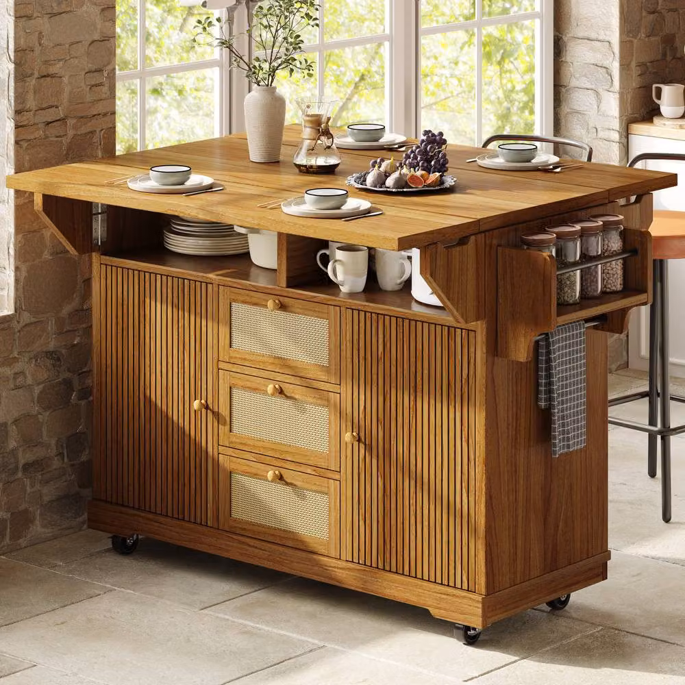 Merax Dark Brown Drop-Leaf Kitchen Island Trolley with Rattan Drawers, H 95.0 x W 142.5 x D 80.0 cm – 2