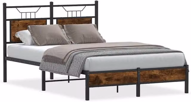 Berkfield Home Small Double Wood and Metal Bed Frame in Smoked Oak Brown, W/D/H: 120 x 190 cm – 1