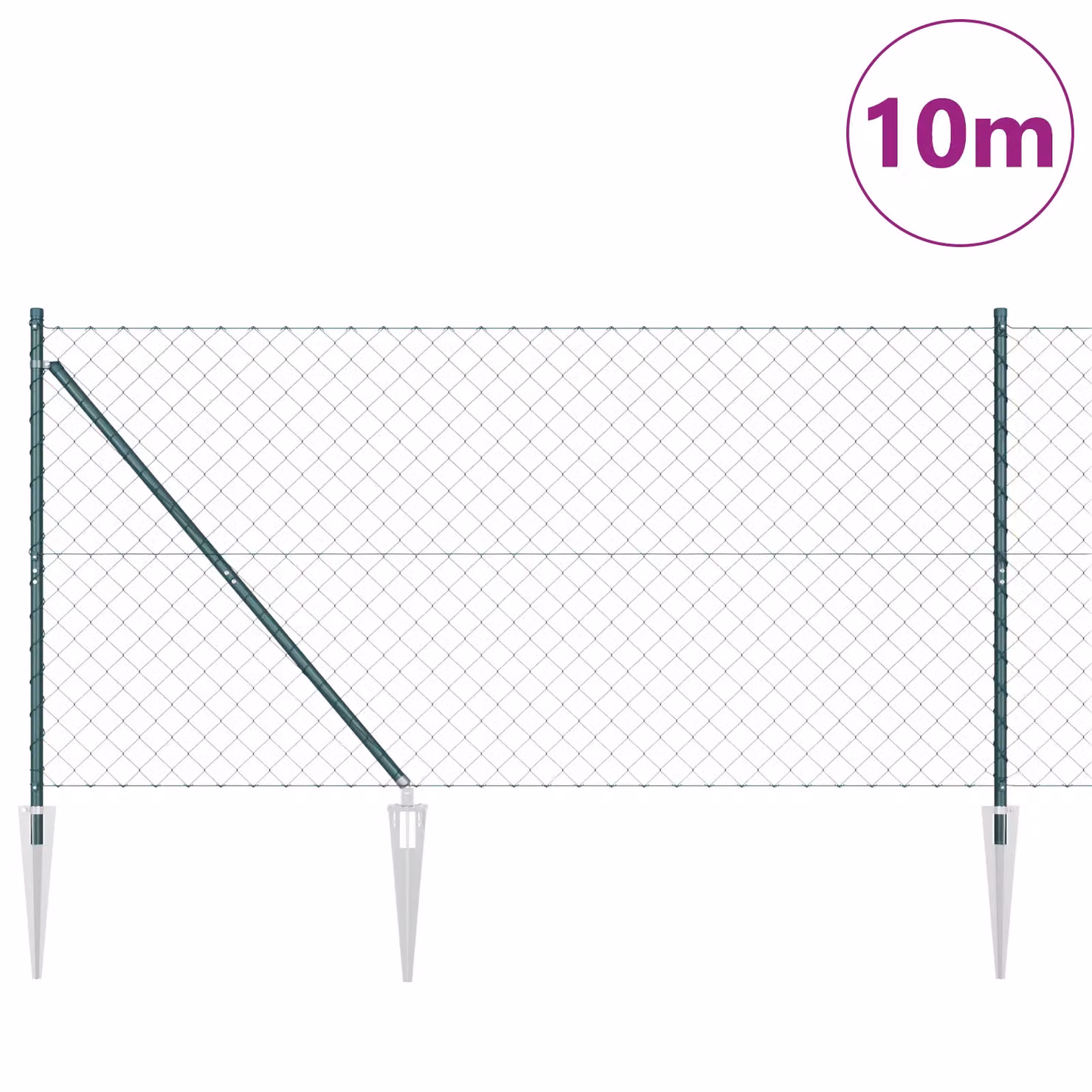 Berkfield Home Green Galvanised Steel Chain Link Fence with 7 Spike Posts, H: 120 cm, W: 10 m – 2