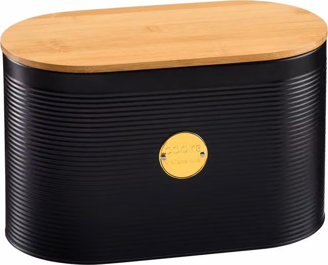 Cooks Professional Ribbed Bread Bin with Linen Bag and 2-in-1 Bamboo Cutting Board Lid in Black and Gold