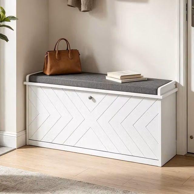 ERGOVEXA Shoe Storage Bench with Padded Fabric Seat in White and Grey