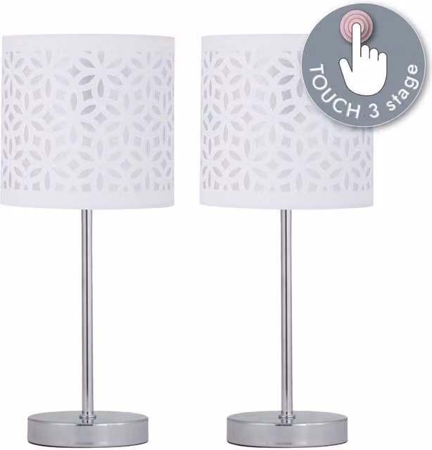 First Choice Lighting Set of 2 Chrome Touch Operated Dimmable Table Lamps with White Fabric Cylinder Shades