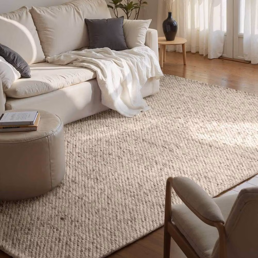 THE RUGS Lyon Handwoven Wool and Cotton Beans Round Rug in Light Beige, Diameter: 160 cm – 2