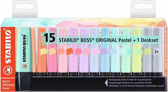 STABILO BOSS ORIGINAL Chisel Tip Highlighters, Multicolour, Pack of 15