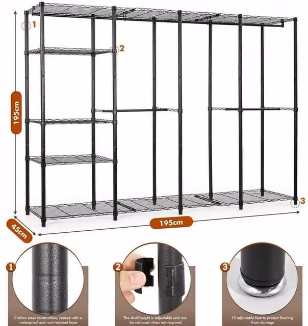 SPETLEK Black Matt Metal Clothes Rail and Shoe Storage Rack, Large (H 195 cm x W 300 cm x D 45 cm)