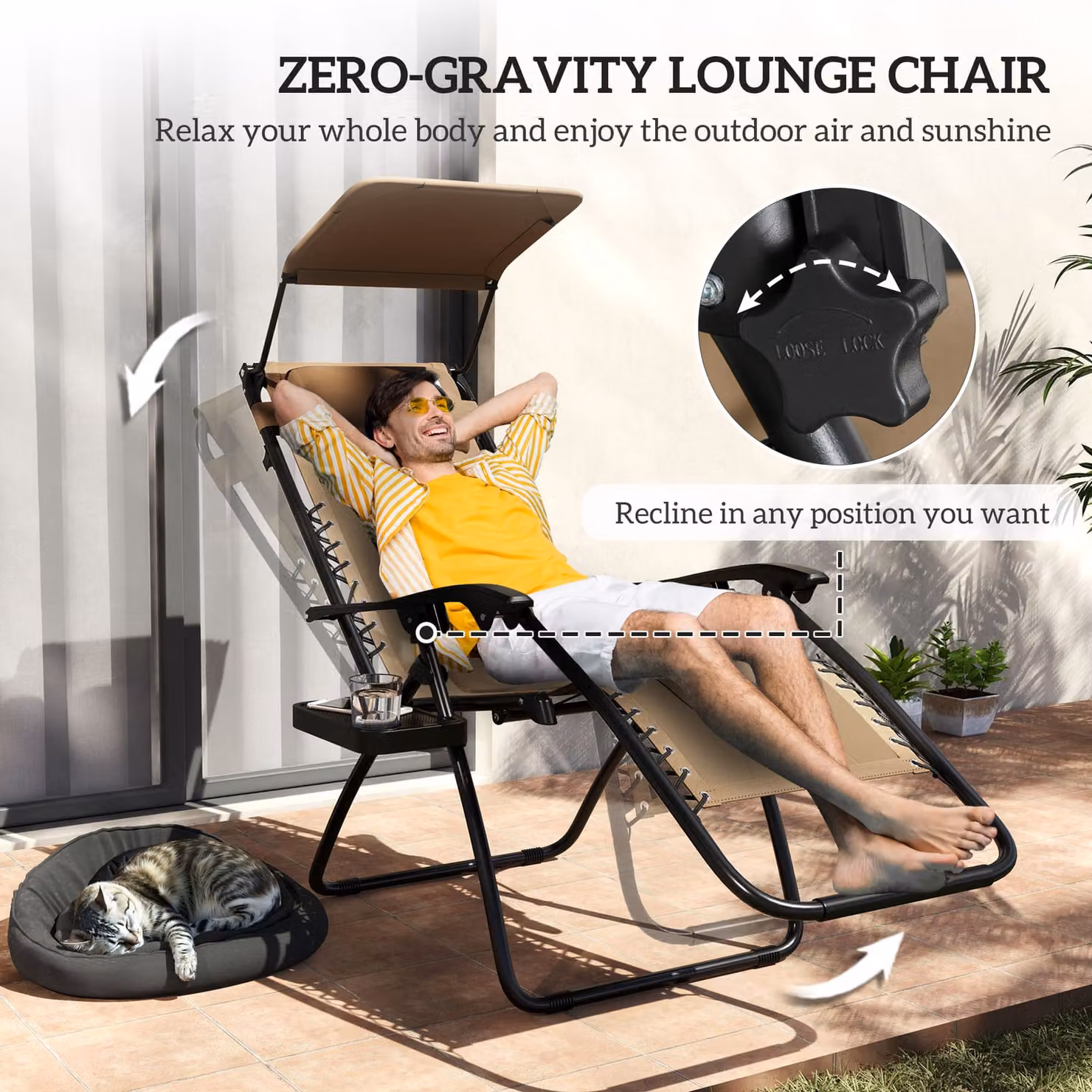 Outsunny Set of 2 Zero Gravity Lounger Chairs in Brown with Sun Canopy, Cup Holders and Adjustable Headrest – 4