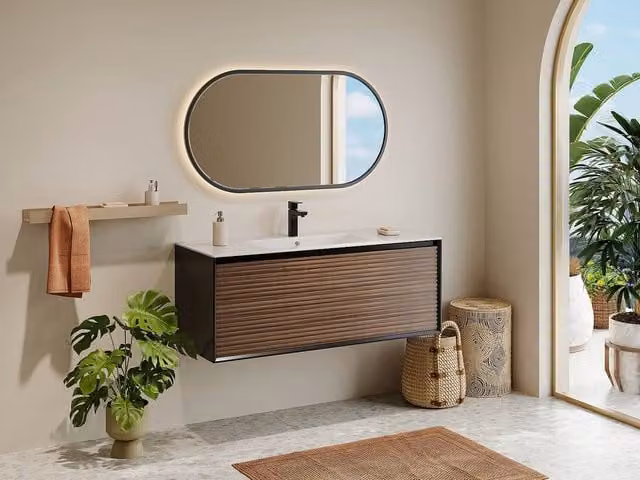 Vente-unique Striped Floating Vanity Unit in Dark Natural and Black, W: 120 cm, D: 45.8 cm, H: 45 cm