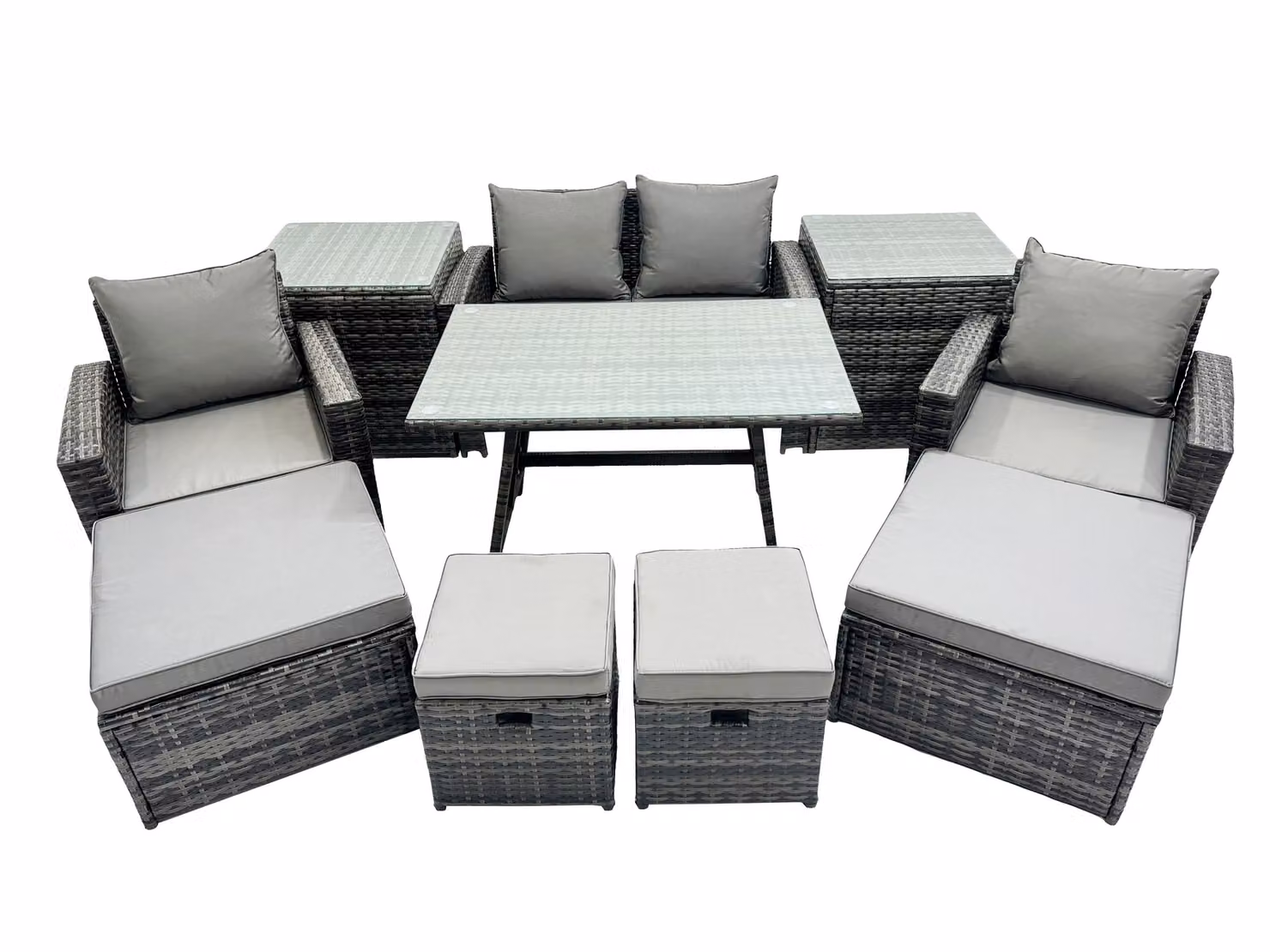 Fimous 8 Seater Outdoor Dining Set in Dark Grey with Double Seat Sofa, 2 Side Tables and 4 Stools – 2