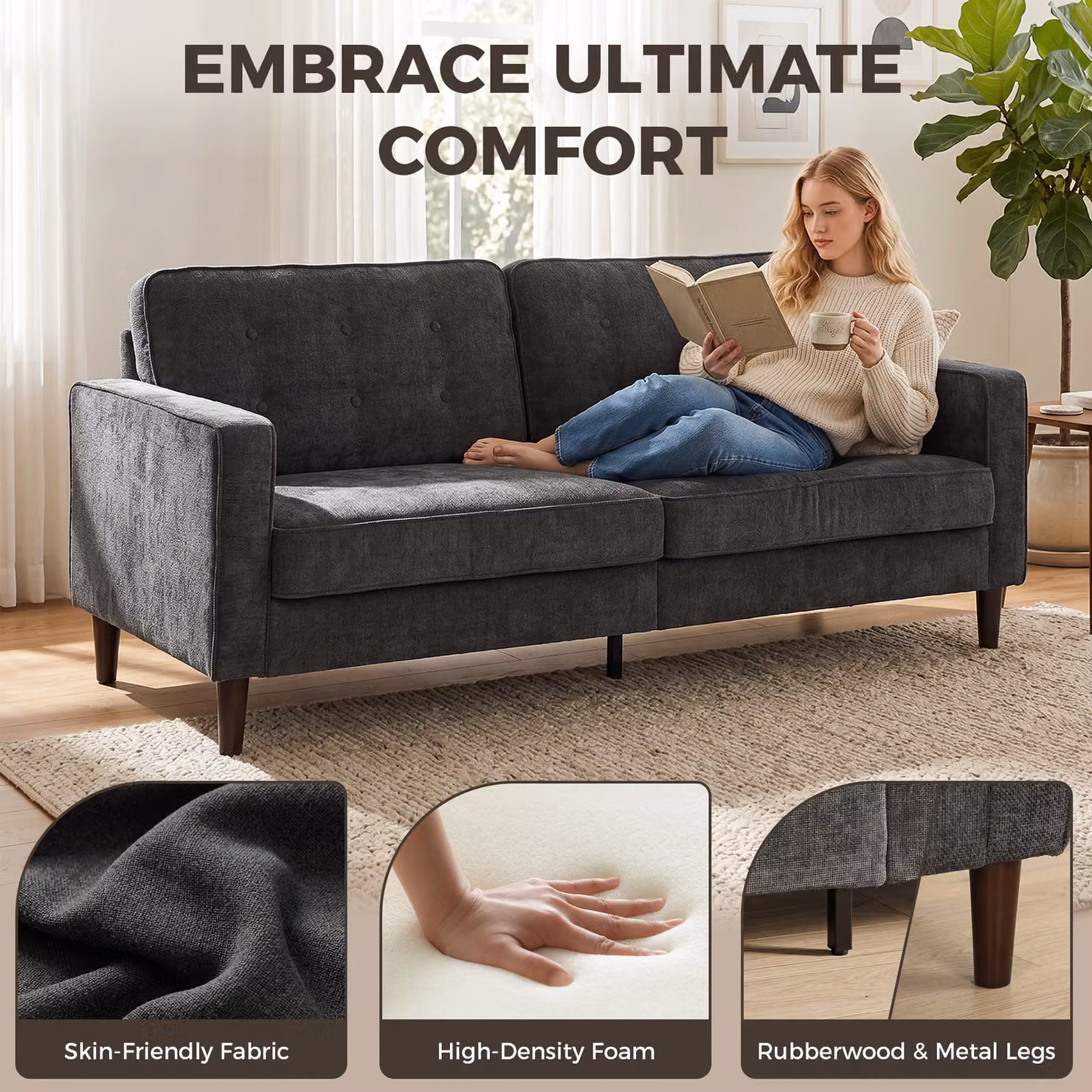 HOMCOM 3 Seater Button Tufted Velvet Sofa in Grey with Wood Legs – 4