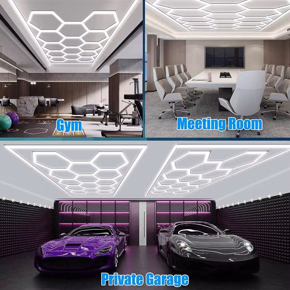 ENER-J 255W RGBIC Car Showroom LED Ceiling Lights with 14 Hexagon Design, Frame and Remote Control, White – 6