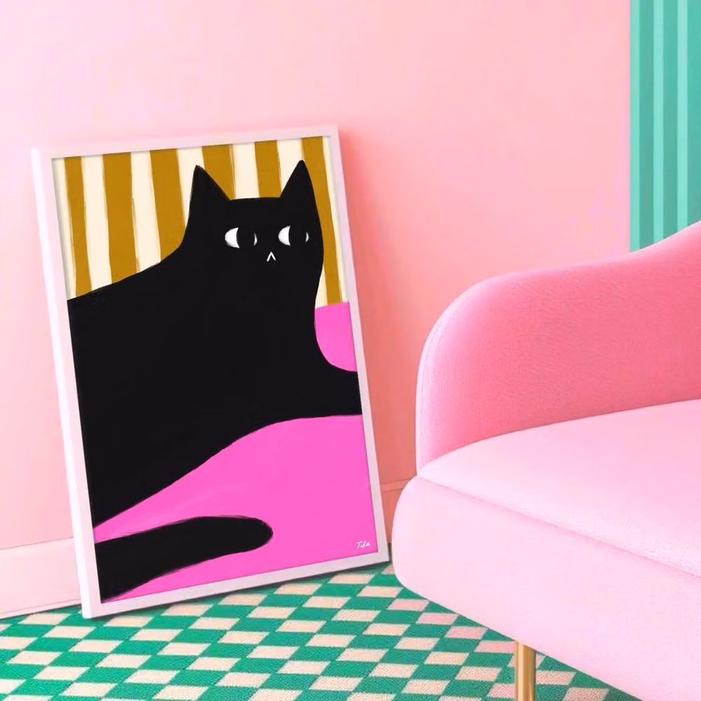 The Paper Tail Black Cat and Stripes Art Print, Multicolour A4 Paper Poster – 2