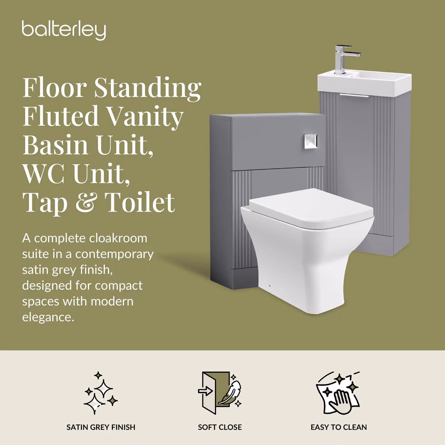 Balterley Grey Floor Standing Cloakroom Suite with Vanity, Toilet and Tap Set – 2