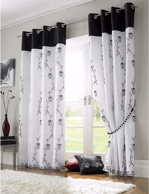 Alan Symonds Tahiti Floral Eyelet Curtains, Black and White, Width: 183 cm