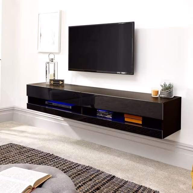 GFW Galicia Wall Mounted TV Unit with LED Lighting in Black, 180cm