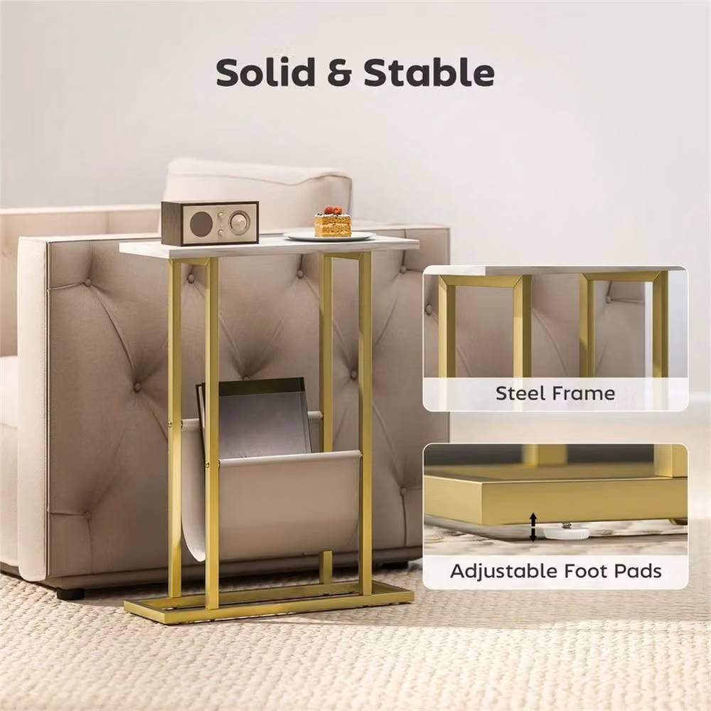 EONLION Modern Narrow Side Table with Magazine Holder in Gold and White Marble – 2