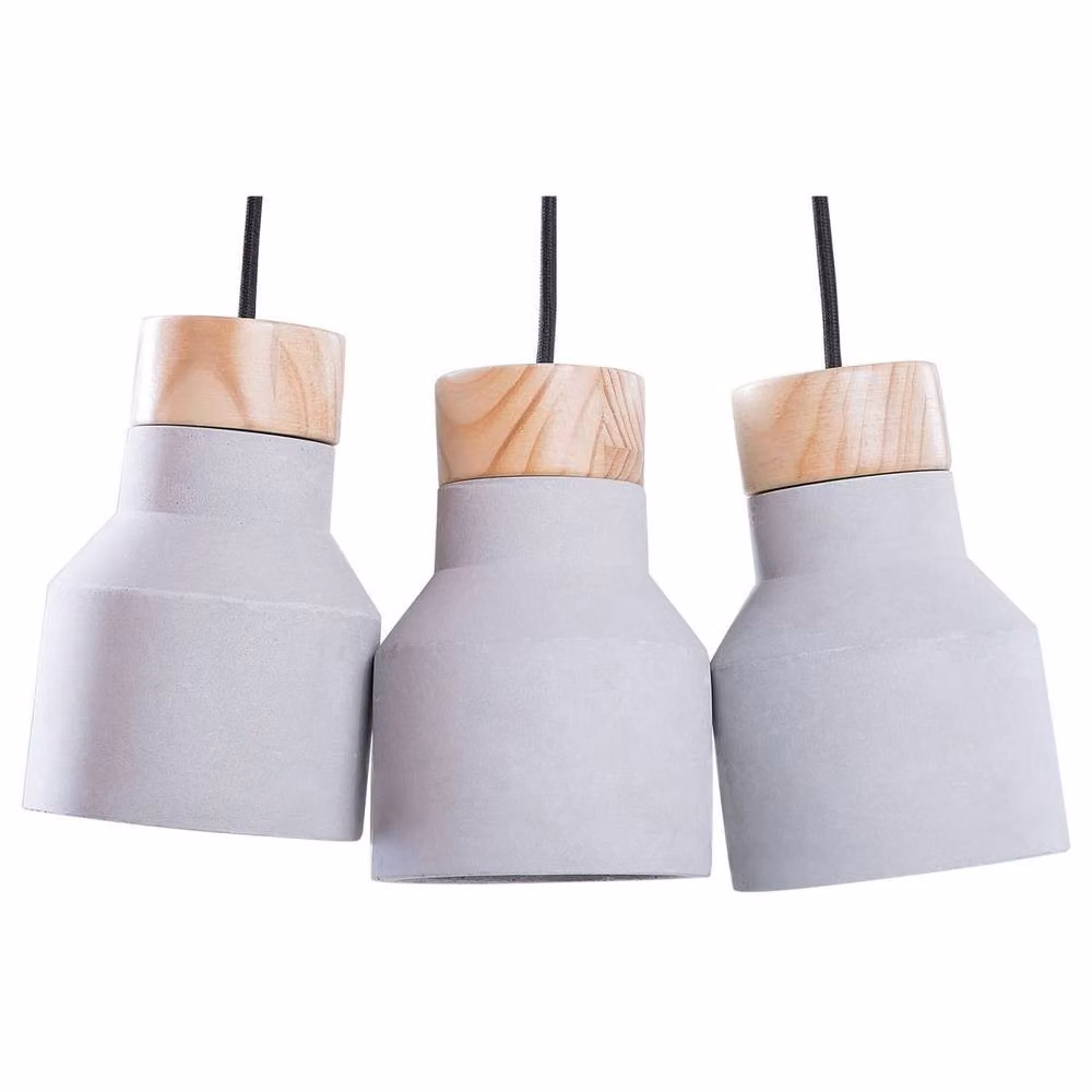 Wyld and Coco Three-Light Industrial Pendant Cluster in Grey Concrete with Pine Wood Accents – 2
