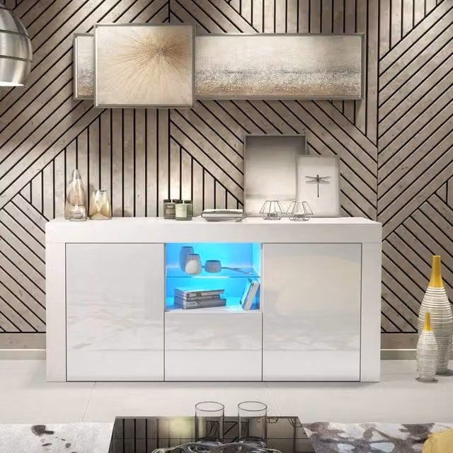 FORGEVIO Modern White TV Unit Cabinet with Glossy Doors and Integrated Lighting