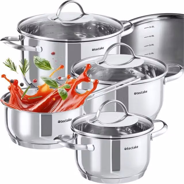 tectake Bologna Stainless Steel Saucepan Set with 3 Glass Lids, Silver