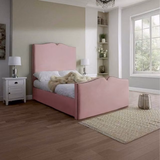 Desire Deco Christie Upholstered Velvet Bed Frame in Pink and White, W/D/H: 200 x 200 cm