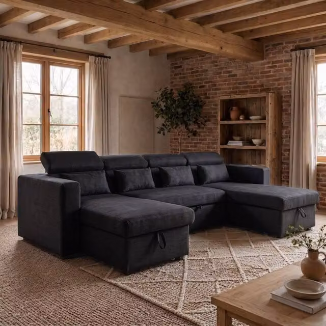 Sofaya Chelsea U-Shape Convertible Sofa Bed with Hidden Storage in Black Fabric – 1