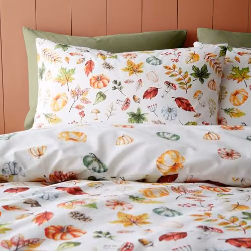 Catherine Lansfield Autumn Pumpkins Reversible Double Duvet Cover Set with Pillowcases, Orange and Multicolour, W/D/H: 200 x 200 cm, Pillowcase: 50 x 75 cm – 2