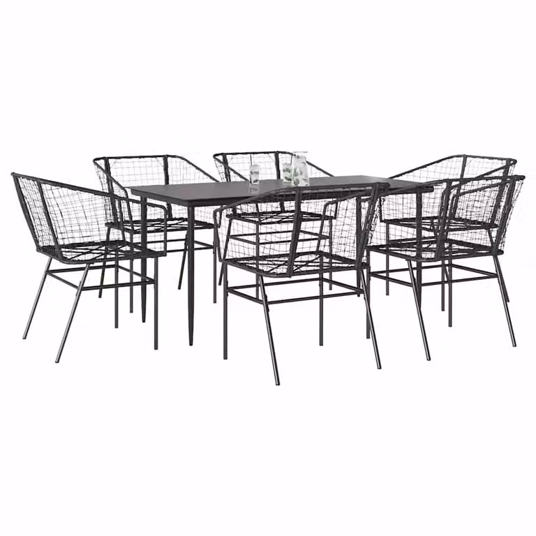 Berkfield Home Beautiful 7 Piece Black Poly Rattan Garden Dining Set with Glass Top