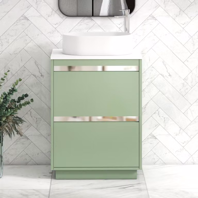 Royal Bathrooms Orion 600mm Mint Sage and White Floor Standing Vanity Unit with 2 Drawers, Peak Basin and Chrome Accent Trim