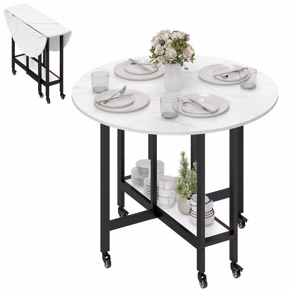 HOMCOM White Marble Drop Leaf Folding Dining Table with Open Shelf, W/D/H: 100 x 100 x 75 cm – 2