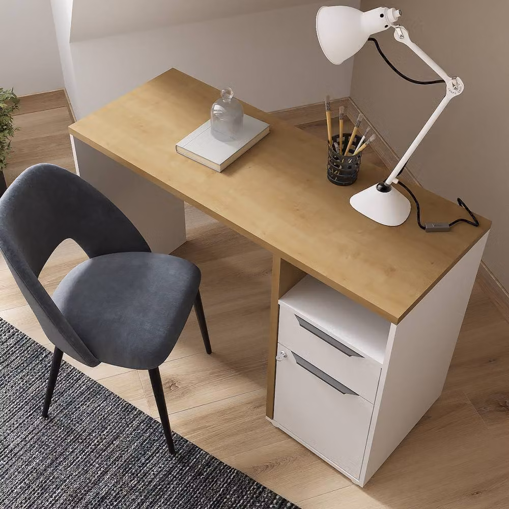 CALICOSY Modern Writing Desk with 1 Door, 1 Drawer and 1 Niche in Oak and Matte White Finish, Light Brown – 2
