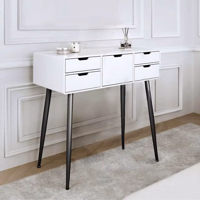 CARME Modern Rectangular Dressing Table in White and Black MDF and Metal