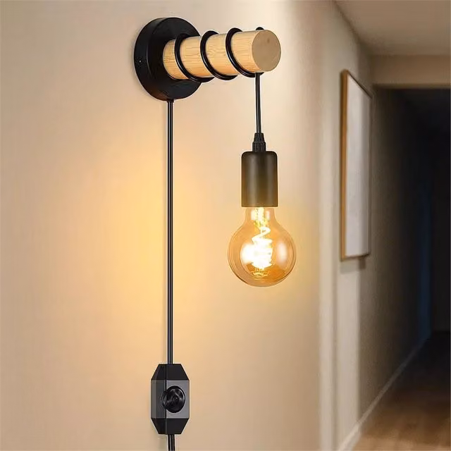 SPETLEK Adjustable Wood Arm Plug In Wall Light in Black for Reading and Bedside Use