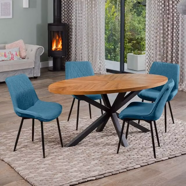 Artemis Home Dossena Oval Dining Table Set with 4 Bovino Fabric Chairs in Petrol