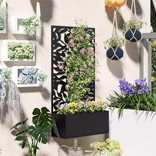 Outsunny Metal Garden Raised Bed with Trellis and Privacy Panel in Black – 6