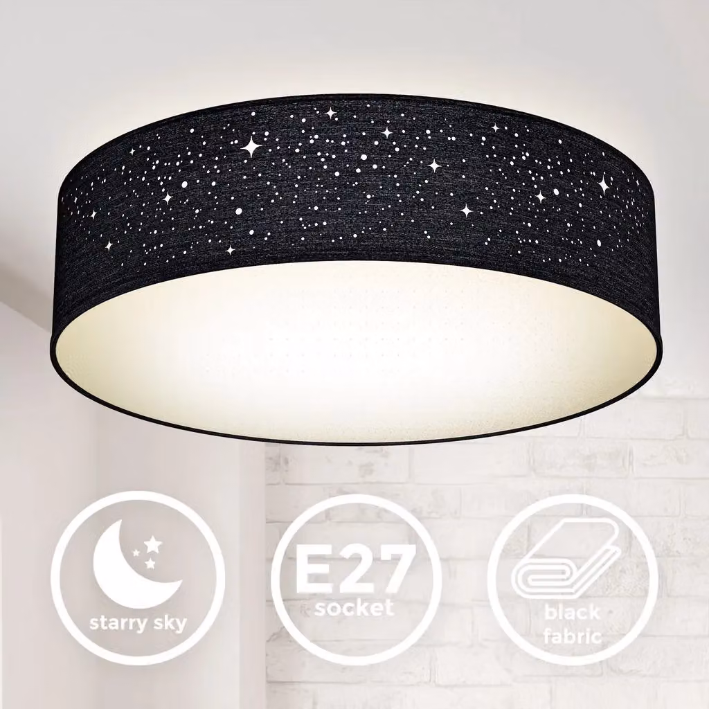 B.K.Licht Black Fabric Ceiling Light with Star Effect, 2 x E27, max. 40W, W/D/H: 38 x 38 x 10 cm – 8