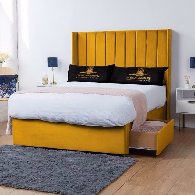 UK Bed Furniture Bella Wingback Divan Bed with 2 Drawers and 54 Inch Headboard, Yellow Velvet, W/D/H: 180 x 200 cm